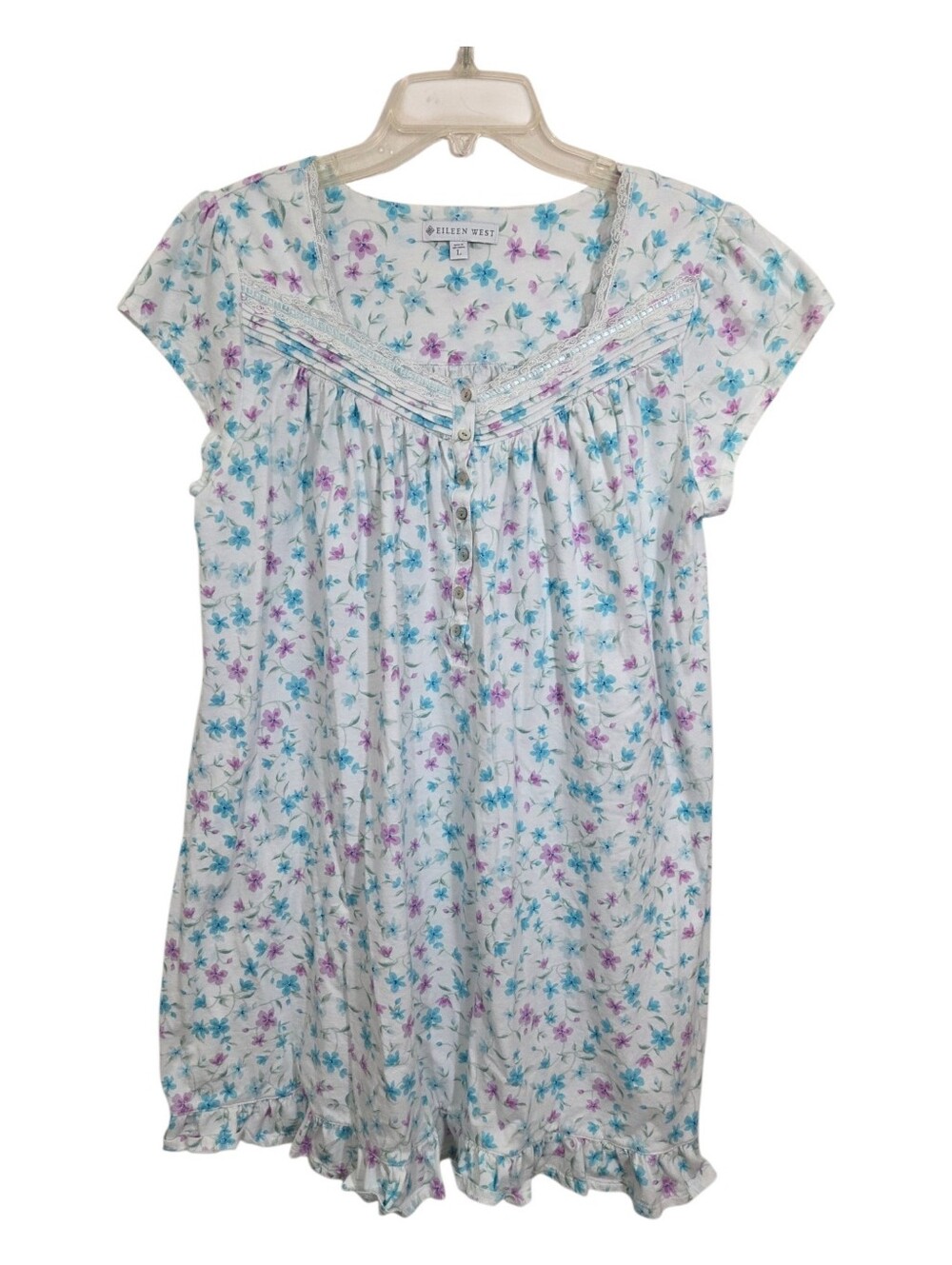 Eileen West Lace-Trim Cotton Short Nightgown Blue Purple Floral Large